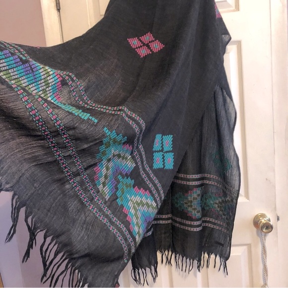 Pure Wool Shaw wrap SHINGORA scarf light opera stole ethnic black geometric - Picture 1 of 5